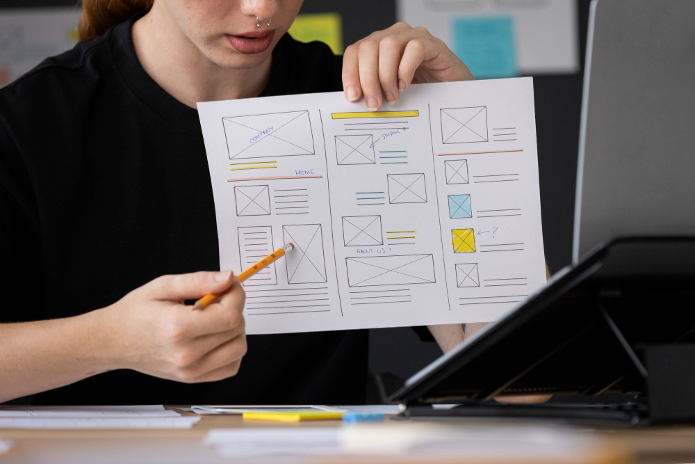 woman pointing at a simple web design plan on paper