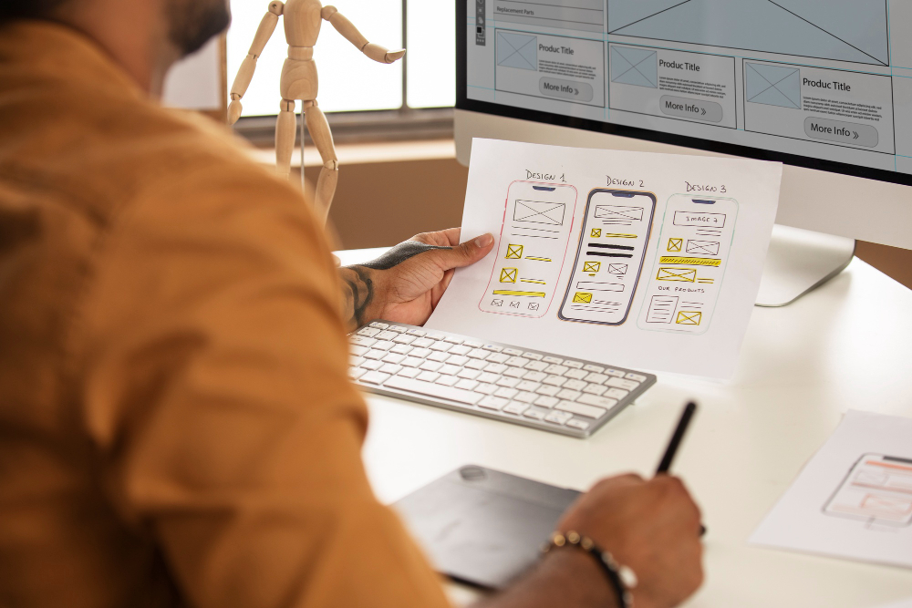 man looking at web design plans on paper and screen