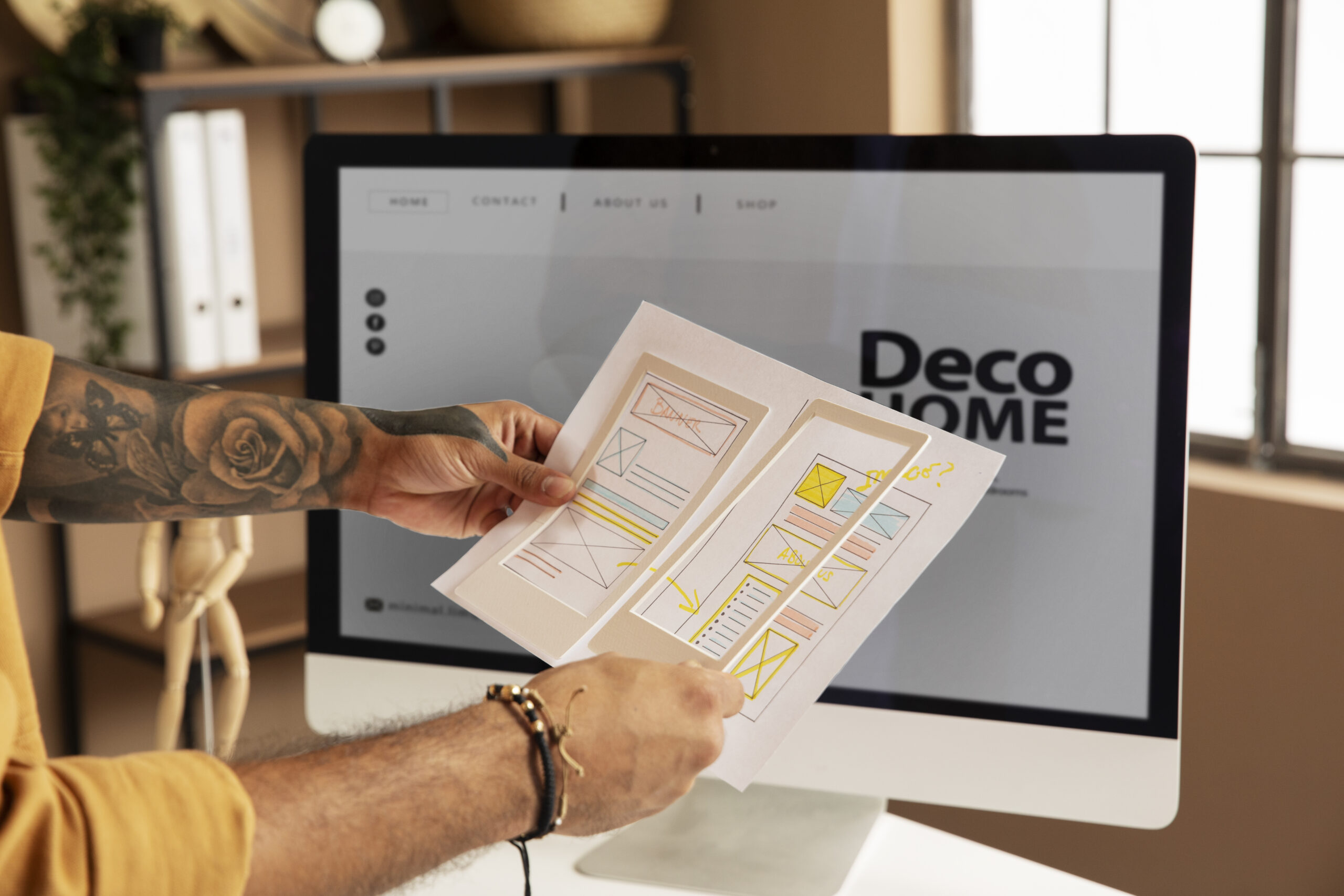 person looking at web design on a paper and computer